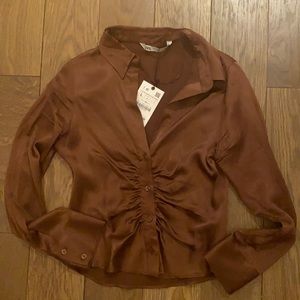 Zara Brown Satin Ruched Shirt
